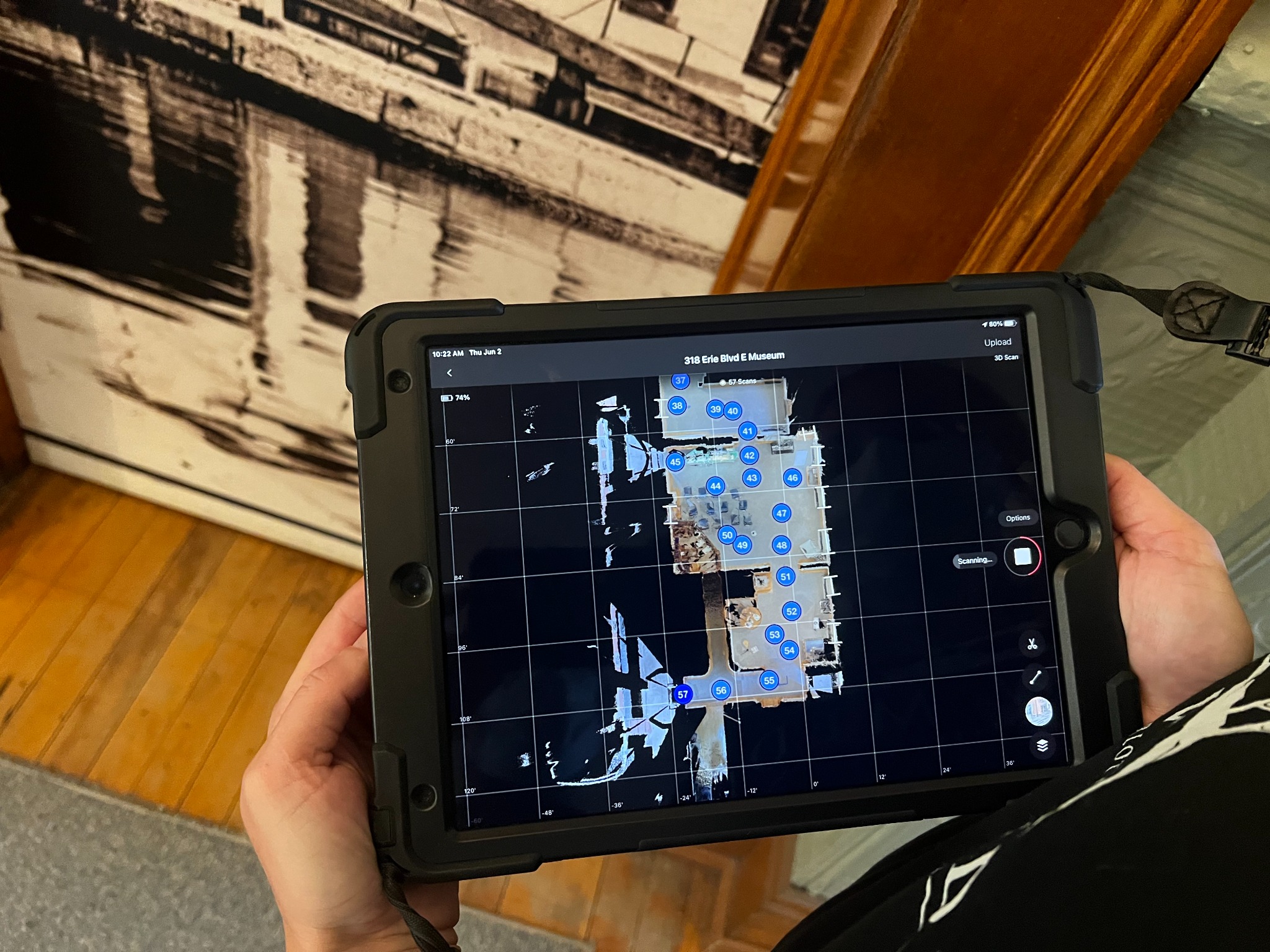 Tablet displaying a Matterport 3D scan in progress at the Erie Canal Museum